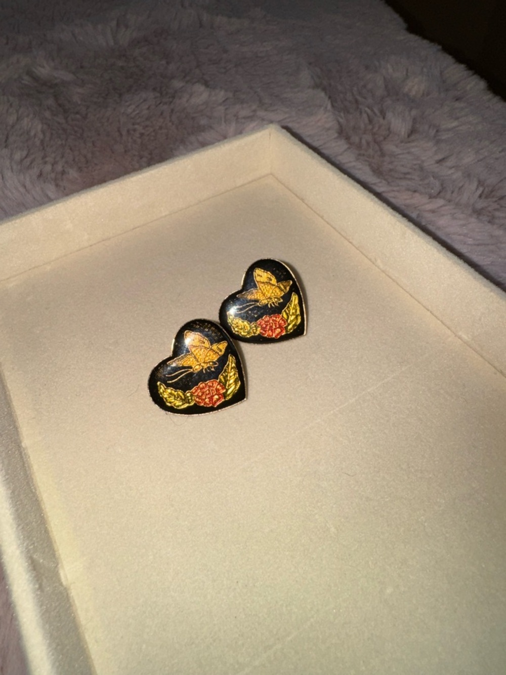 Cloisonné Heart Shaped Butterfly Floral Earrings - Picture 2 of 4